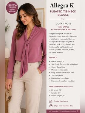 Allegra K Dusty Rose Pleated Tie-Neck Blouse | Size Small - fits like medium